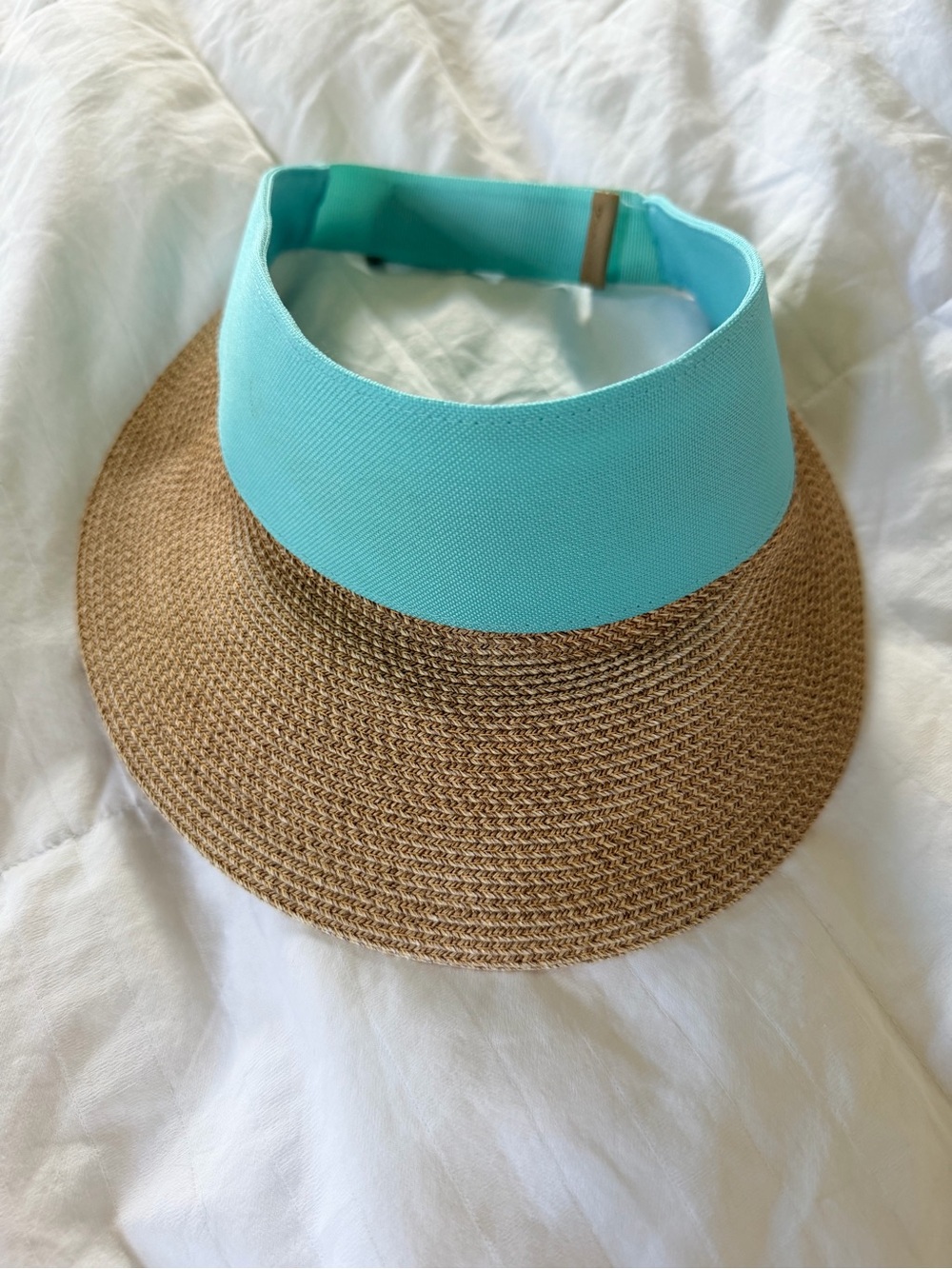 Eric Javits Squeeshie Turquoise and Tan Straw Visor